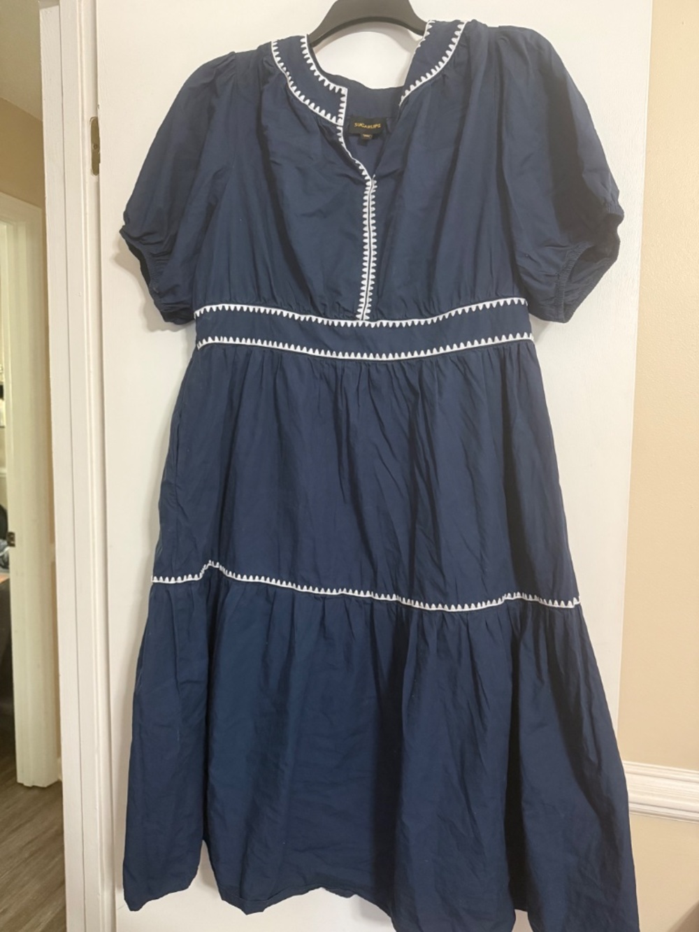 Sugarlips Taliah Puff Sleeve Midi Dress Navy 2X EUC - Picture 3 of 5